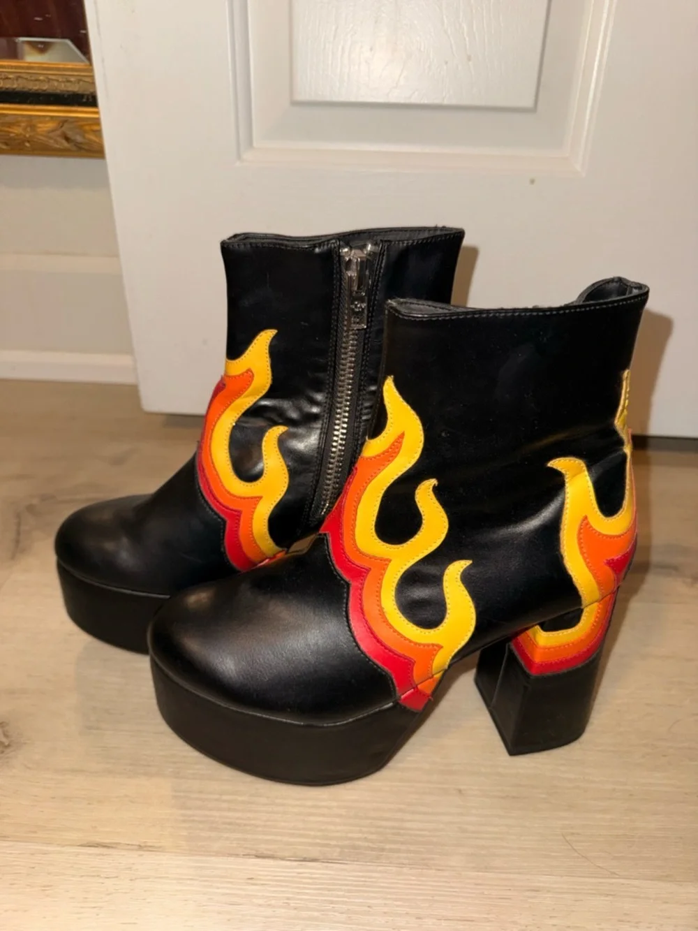 Dolls Kill Black Platform Ankle Boots with Red & Yellow Flame Appliqués